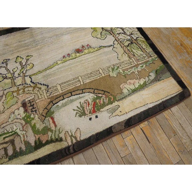 1940s 1940s Tan Ecru Dutch Windmill Scenic Pictorial Antique American Hooked Rug 3'2" X 5'6" Wool Carpet For Sale - Image 5 of 9