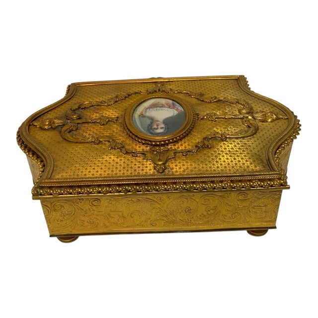 Rococo Antique French Gilt Metal Rococo Revival Jewelry Casket With Portrait Miniature France C. 1890–1920 For Sale - Image 3 of 6