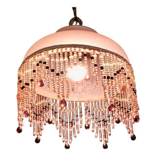 French Art Deco Glass Pendant Light with Beaded Shade, 1930s For Sale