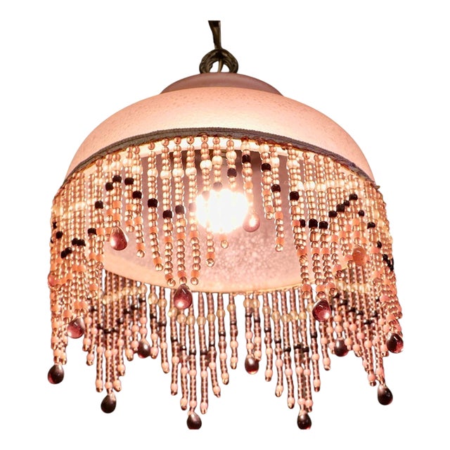 French Art Deco Glass Pendant Light with Beaded Shade, 1930s For Sale