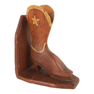 Vintage 1936 Hand Carved Cowboy Boot Single Bookend Texas Centennial For Sale