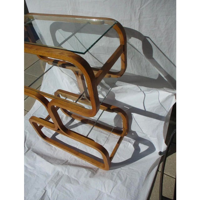 Plycraft Vintage MCM Mid Century Plycraft Attributed Étagère Oak Glass Wood Shelving Unit Bookcase Display For Sale - Image 4 of 12