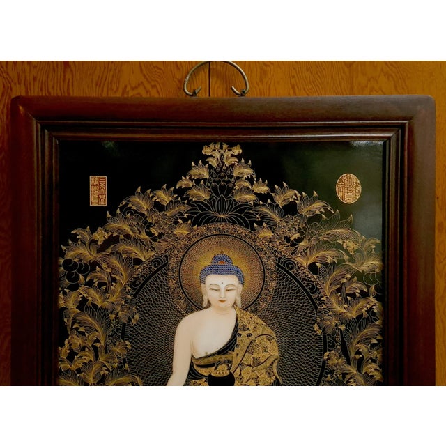 Chinese Chinese Framed Porcelain Buddhist Temple Plaque, Medicine Buddha For Sale - Image 3 of 5