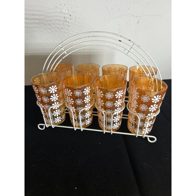 Metal Mid-Century Jeannette Glass Marigold Floral Tumblers With Metal Carry Tray - Set of 8 For Sale - Image 7 of 7