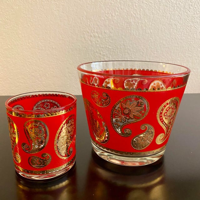 Mid-Century Modern 1960s Culver Paisley Old Fashioned Drinking Glasses With Ice Bucket and Serving Tray Set- 10 Pieces For Sale - Image 3 of 11