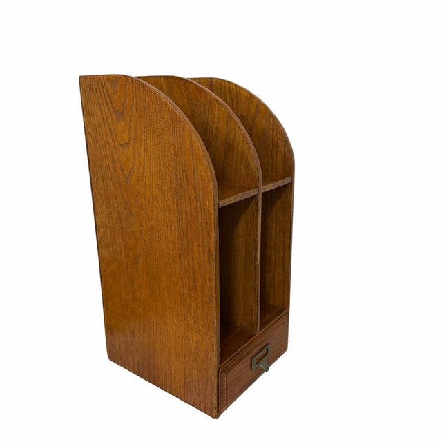 Vintage oak one drawer four slot desktop file box organization. Measures 9” w x 10.5” d x 19.5” h, drawer 6.75” w x 8.6” d...
