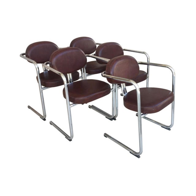 Italian Armchairs in Brown Leather and Chrome, 1980s, Set of 5 For Sale - Image 12 of 12