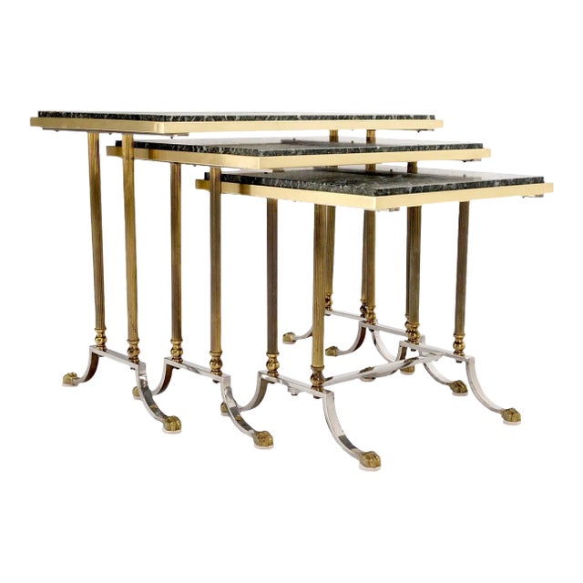 Set of 3 Very Fine Metal Work Brass Chrome Marble Top Nesting Side End Tables For Sale
