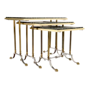 Set of 3 Very Fine Metal Work Brass Chrome Marble Top Nesting Side End Tables