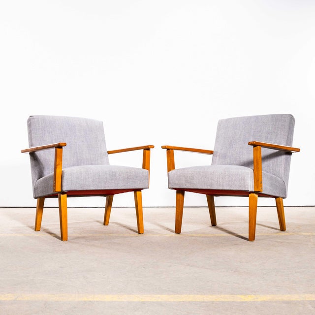 Mid-Century Grey Brushed Cotton Upholstered Armchair with Straight Arms and Top Caps, 1950s For Sale - Image 3 of 10