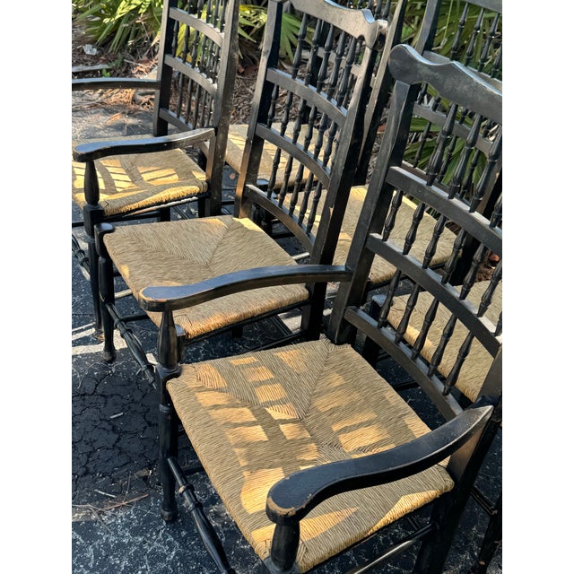 Set of 6 Vintage Black Painted Spindle-Back & Ladder-Back Rush Seat Dining Chairs For Sale - Image 11 of 12