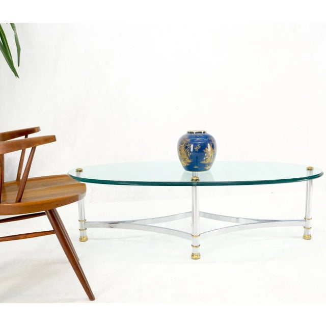 Brass Chrome Thick 3/4" Glass Top Mid Century Modern Oval Coffee Center Table For Sale - Image 6 of 13
