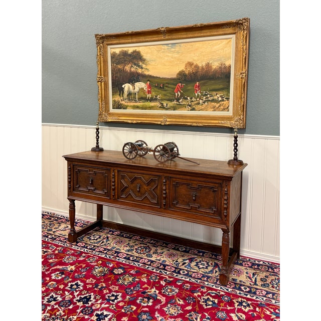 Antique English Jacobean Console Buffet Sideboard Sofa Table Oak c.1930s For Sale - Image 15 of 17