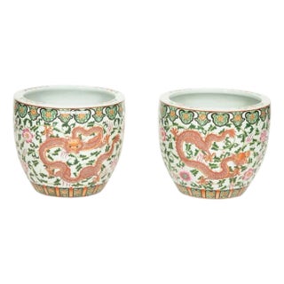 Pair of Vintage Chinese Export Porcelain Jardinieres Planters With Dragon Motif For Sale