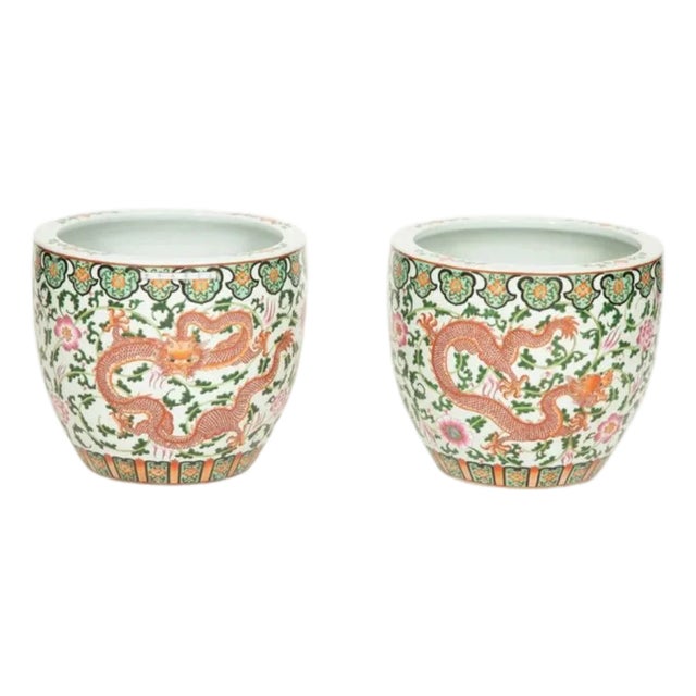 Pair of Vintage Chinese Export Porcelain Jardinieres Planters With Dragon Motif For Sale