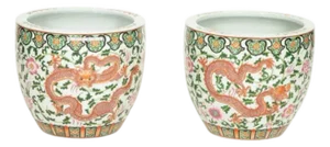Pair of Vintage Chinese Export Porcelain Jardinieres Planters With Dragon Motif