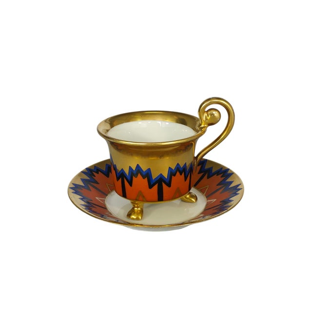 Art Deco Egypt Cup and Saucer with Geometric Sun Pattern and Gilt Feet from Eschenbach Bavaria, Germany, 1920s, Set of 2 For Sale - Image 17 of 17