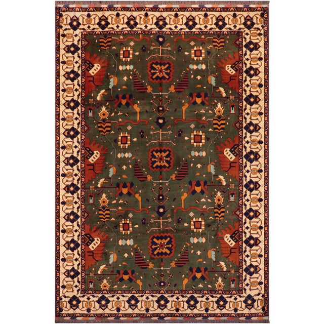 Tribal Kargahi 1980's Green/Beige Wool Rug - 9'1'' X 12'6'' For Sale - Image 9 of 10