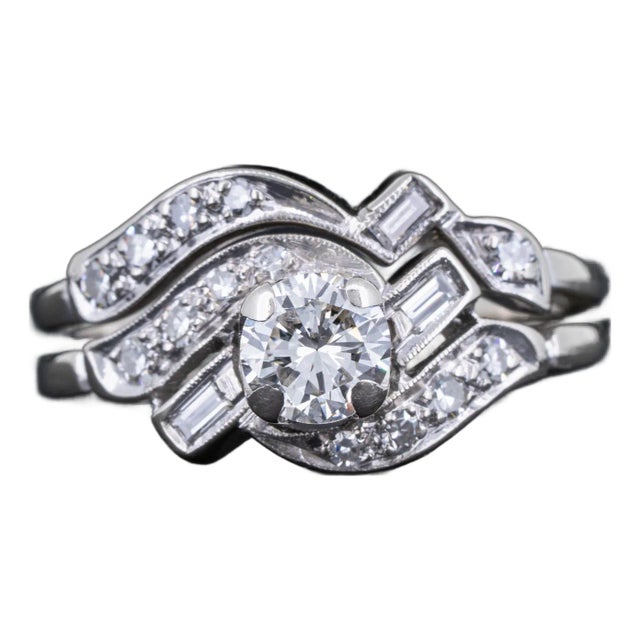 Vintage Art Deco Diamond Engagement Ring Wedding Set 14k White Gold Size 4.75 For Sale