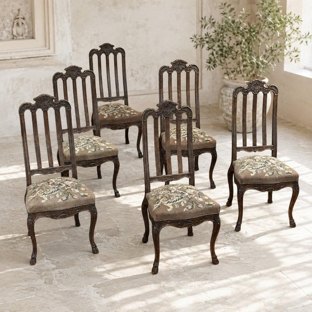 Set of 6 Antique Country French Liègeois Hand Carved Oak Dining Chairs with Needlepoint Tapestry were beautifully hand...