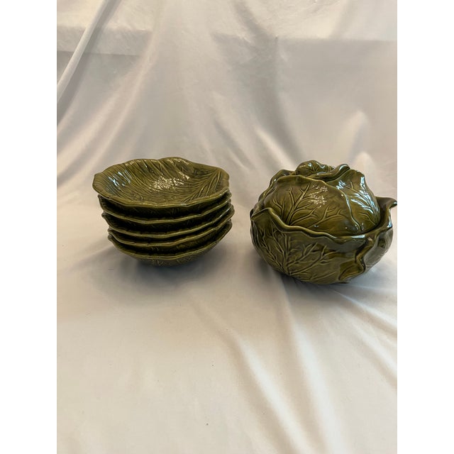 Shabby Chic Vintage 1971 Holland Mold Green Cabbage Ware Tureen With Bowls For Sale - Image 3 of 7