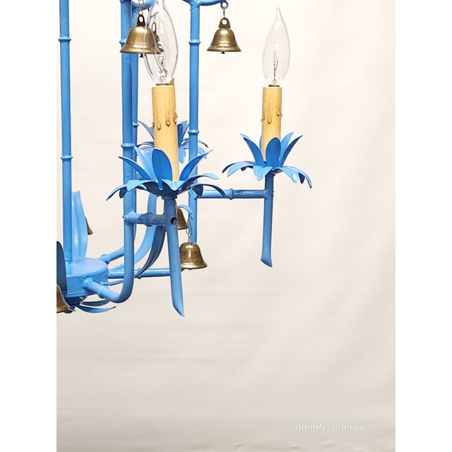Baby Blue Splendid Italian Tole Vintage Baby Blue Faux Bamboo Pagoda Brass Chandelier ~ Rewired ~ Restored ~ Rejuvenated ~ Ready to Hang ~ For Sale - Image 8 of 12