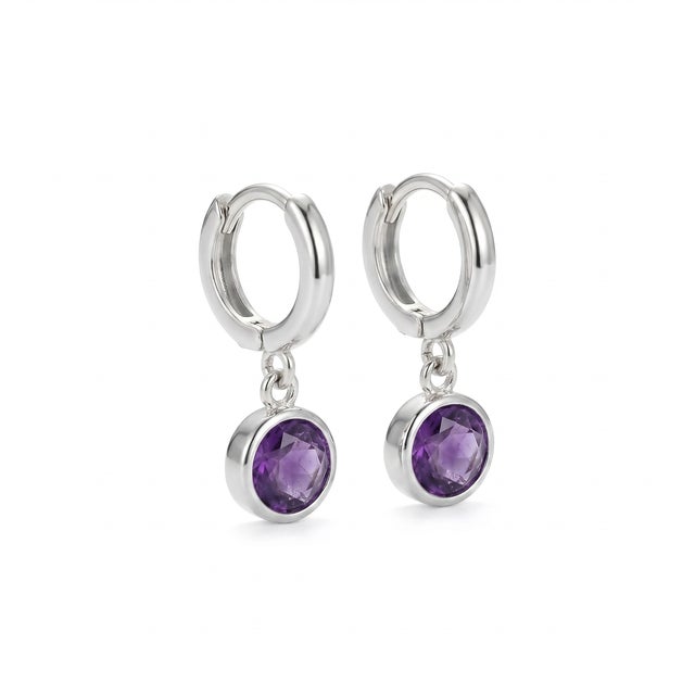 Amethyst Hoop Huggies Earrings, February Birthstone Drop Earrings, A Pair For Sale - Image 4 of 5