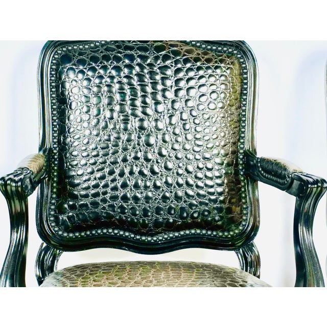 Gothic Black Faux Crocodile & Glossy Black Louis XV Style Armchair For Sale - Image 3 of 8