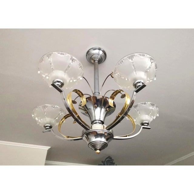 French Art Deco Chandelier in Chrome, Brass and Frosted Glass, 1930s For Sale - Image 11 of 11