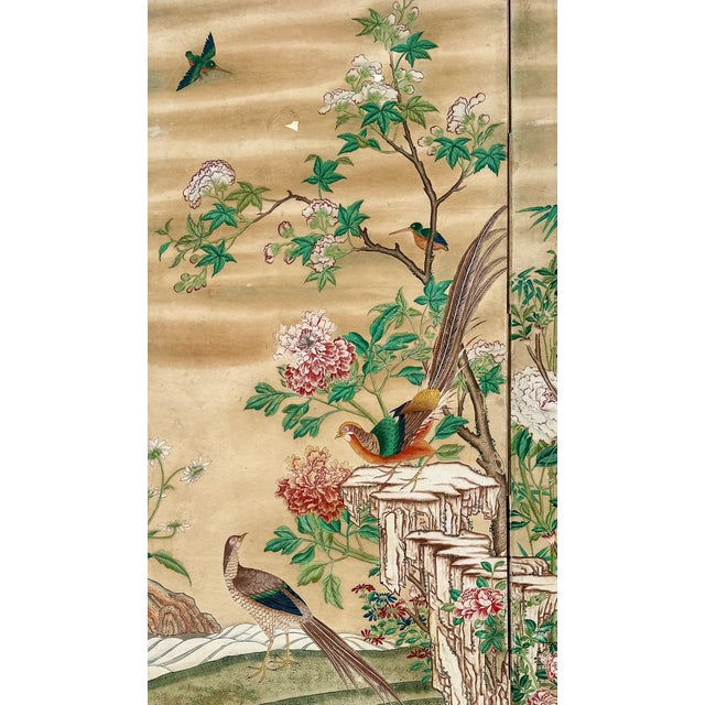 Chinese Export Six Panel Screen Circa 1920s, Hand-Painted Chinoiserie Garden With Birds For Sale - Image 4 of 16
