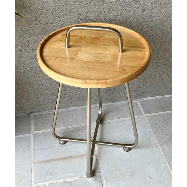 2010s Industrial Modern Artisan Handcrafted Natural Rubberwood & Steel Occasional Table For Sale - Image 5 of 12