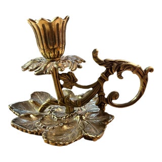 Mid-Century Ornate Brass Candlestick Holder With Scrolling Handle For Sale