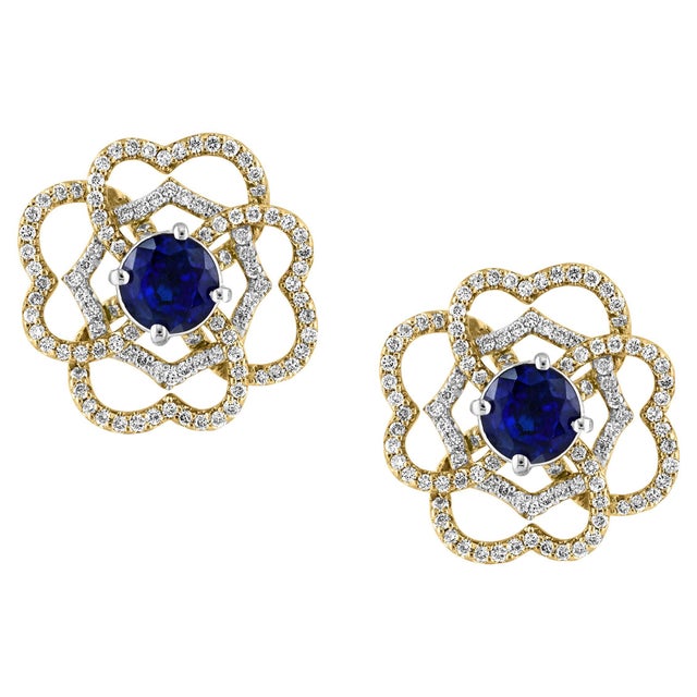 1 Carat Each Sapphire Diamond Flower/Cluster Earring 14 Karat Rose Gold For Sale - Image 15 of 18