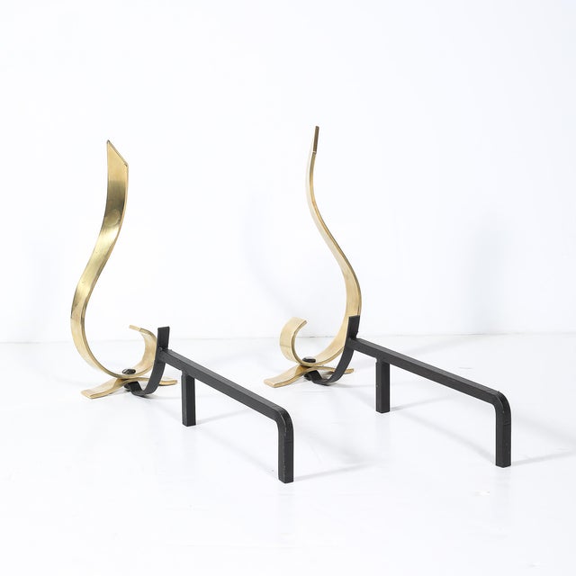 Brass Pair of Mid-Century Curvilinear Polished Brass Andirons With Gunmetal Fittings For Sale - Image 8 of 11