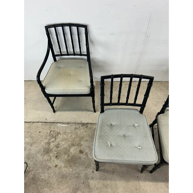 Set of 4 Mid Century Faux Bamboo Dining Chairs With Caned Seat & Tufted Cushions For Sale - Image 10 of 12