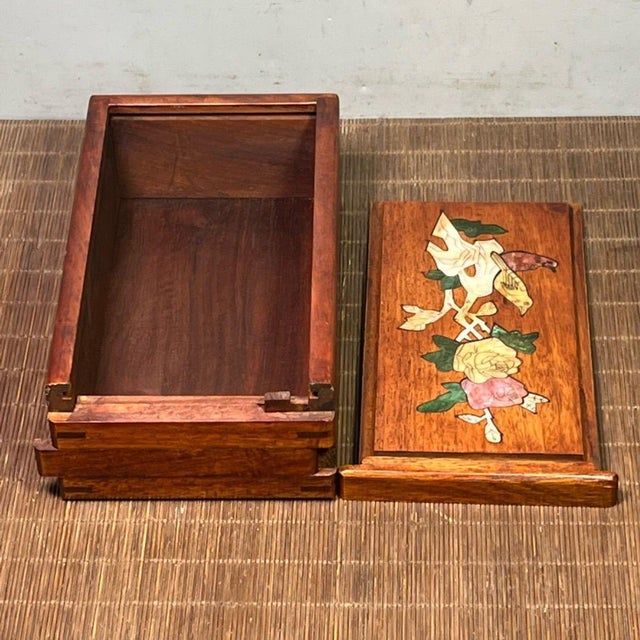 Brown Vintage Pearwood Secret Mechanism Jewelry Box, Mother of Pearl Bird & Floral Inlay, Chinoiserie Keepsake Box For Sale - Image 8 of 9