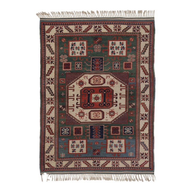 Rug & Kilim’s Kazak-Inspired Rug, Tribal Geometric Patterns in Green & Red For Sale