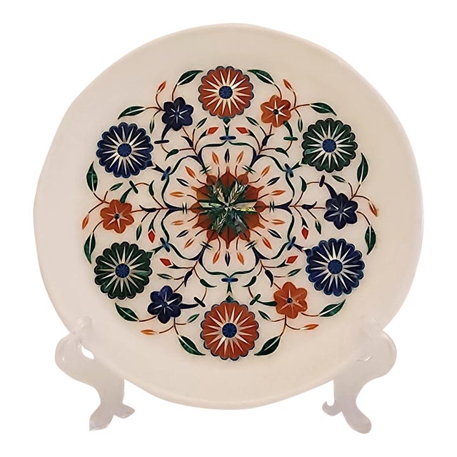 Vintage Pietra Dura White Marble and Semi-Precious Stone Floral Inlay Decorative Plate For Sale