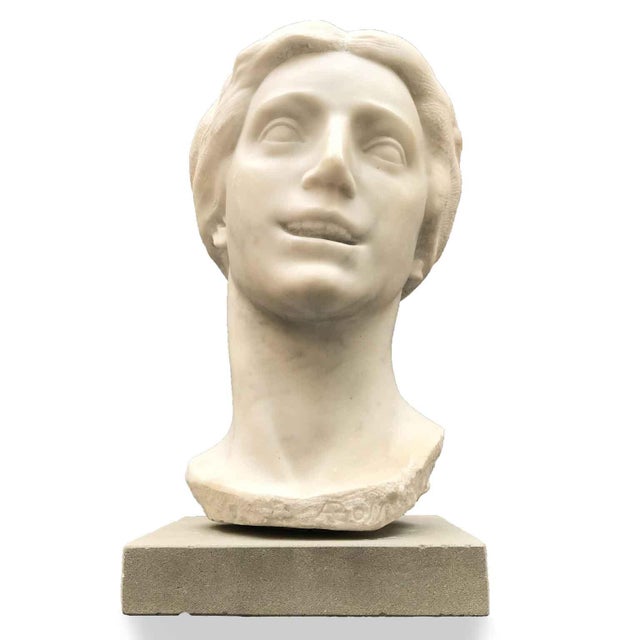 Aurelio Bossi, Bust of a Woman, 1920s, White Marble For Sale - Image 6 of 13