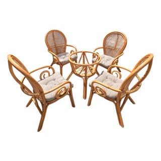 Vintage Palm Beach Bent Rattan & Bamboo Dining Set With Glass Top & 4 Armchairs For Sale