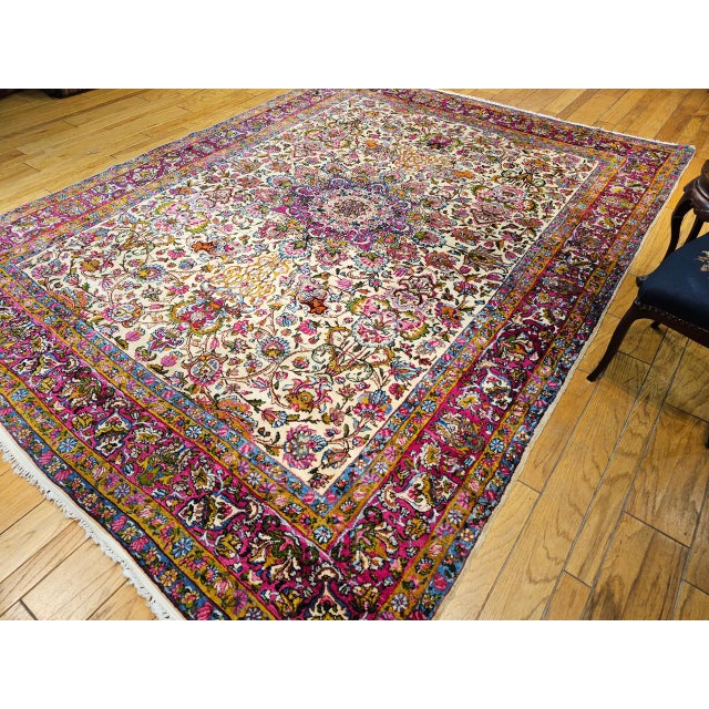 Antique Persian Kerman Lavar Rug, Hand-Knotted Wool, Floral Pattern, Ivory & Crimson, 9x12 For Sale - Image 9 of 10