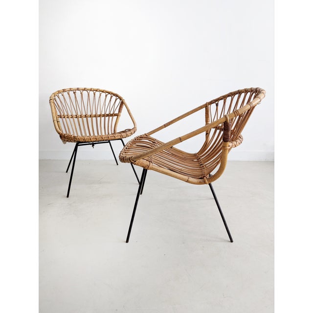 Set of 2 French bucket lounge chairs, with rattan seating and elegant black lacquered steel legs.