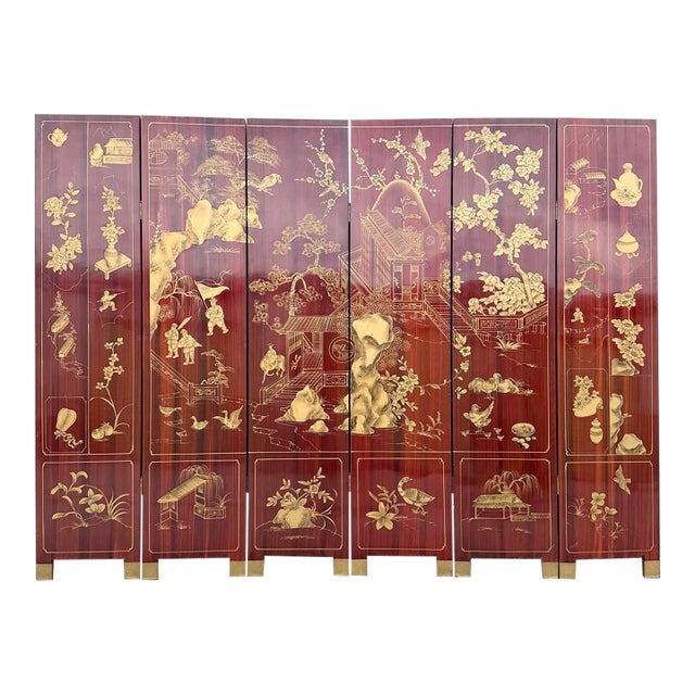 Chinese Six-Panel Red and Gold Lacquered Folding Screen/Room Divider For Sale