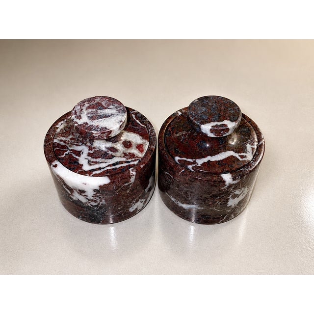 Stone Handcrafted Marble Salt Cellar Set of 2 – Red Marble Lidded Salt & Spice Containers For Sale - Image 7 of 8