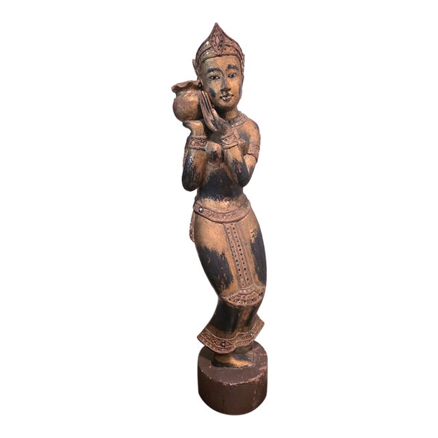 1960s Monumental 29.5-Inch Gilded Balinese Celestial Devata Offering Maiden With Mirror Inlays For Sale