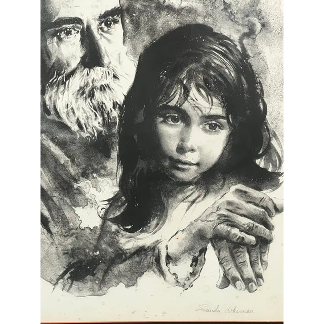 Printmaking Materials Sandu Liberman Rabbi With Young Girl Lithograph Signed, Numbered & Framed 1960's For Sale - Image 7 of 14