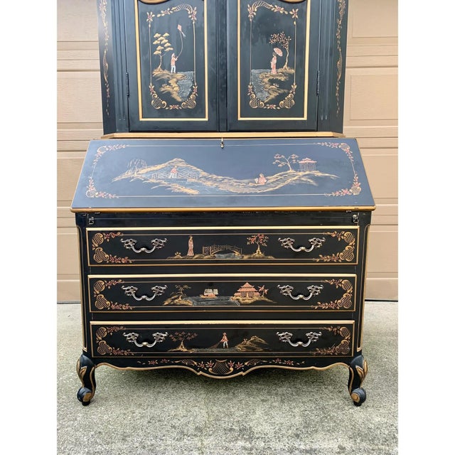 Baker Furniture Company Late 20th Century Chinoiserie Black Lacquered Drop Front Secretary Desk With Bookcase Hutch For Sale - Image 4 of 11