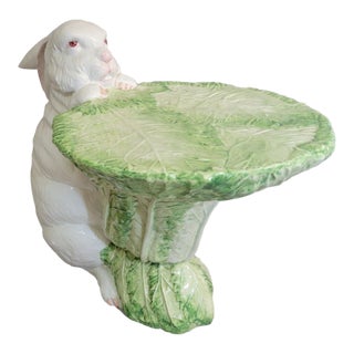 Italian Porcelain Rabbit Sculptural Accent Table Stand With Lettuce Leaf Top, C. 1970s For Sale
