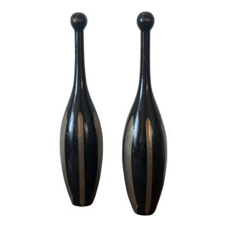 Vintage Decorative Turned Wood Clubs With Brass Detail, a Pair For Sale