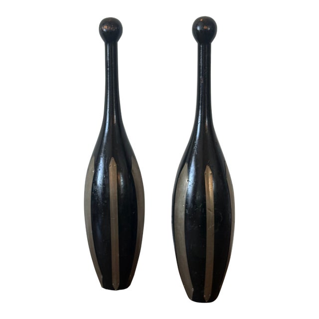 Vintage Decorative Turned Wood Clubs With Brass Detail, a Pair For Sale